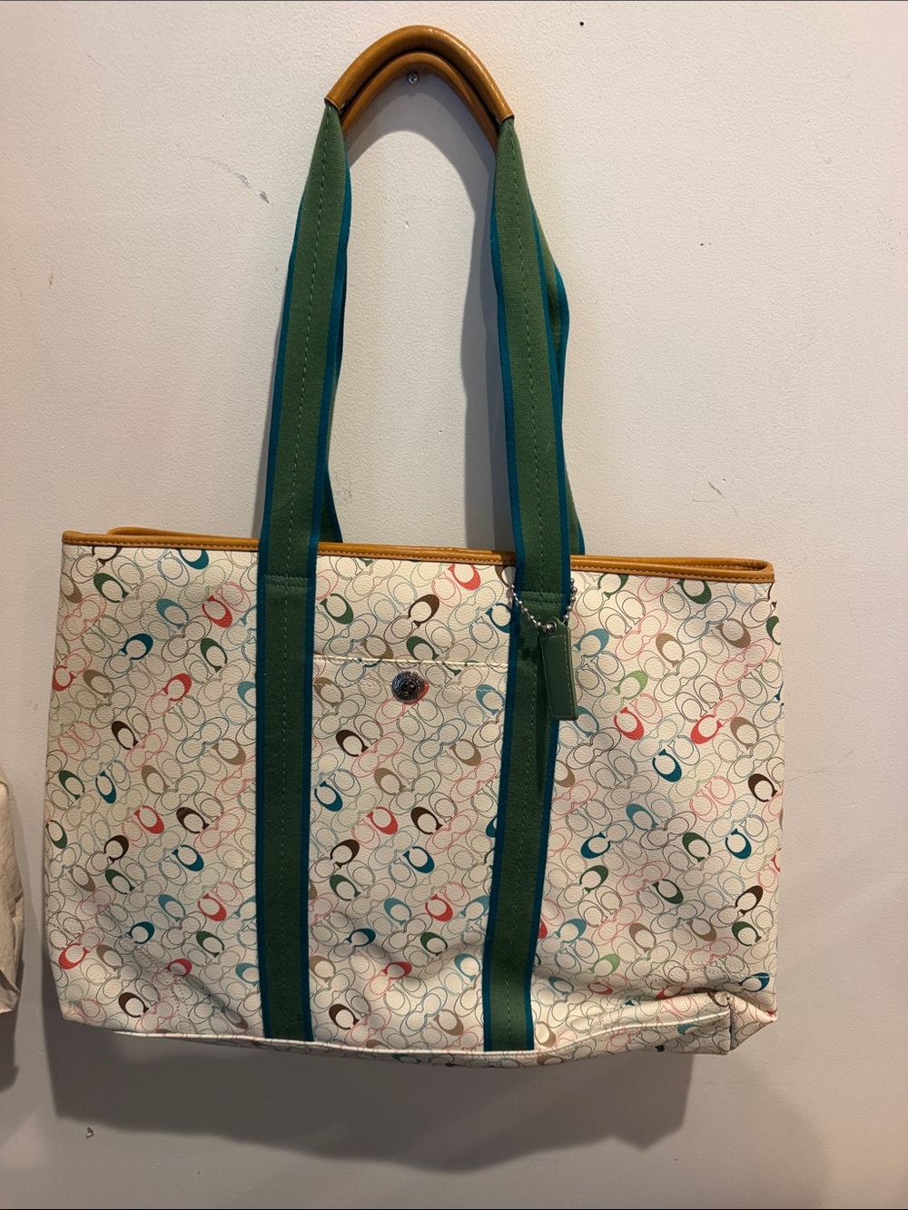 Coach Signature Print Large Tote Bag with Green Trim